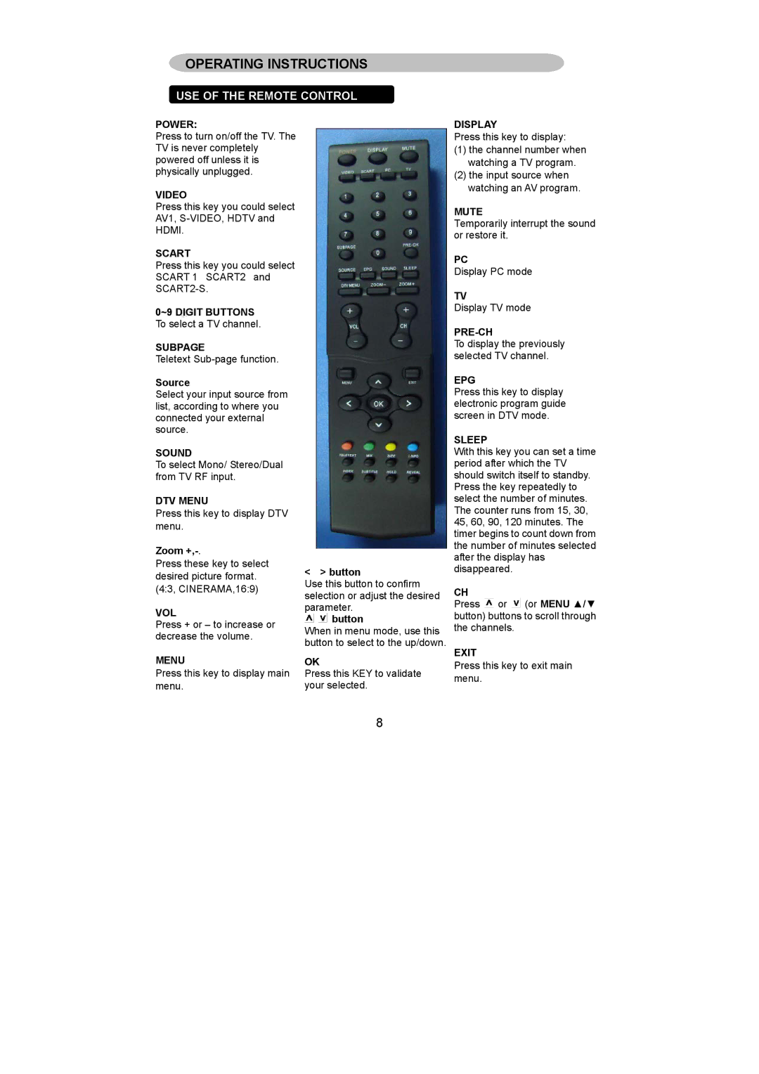 AOC L42W781B, L26W781B, L32W781B, L37W781B user manual Operating Instructions, USE of the Remote Control 