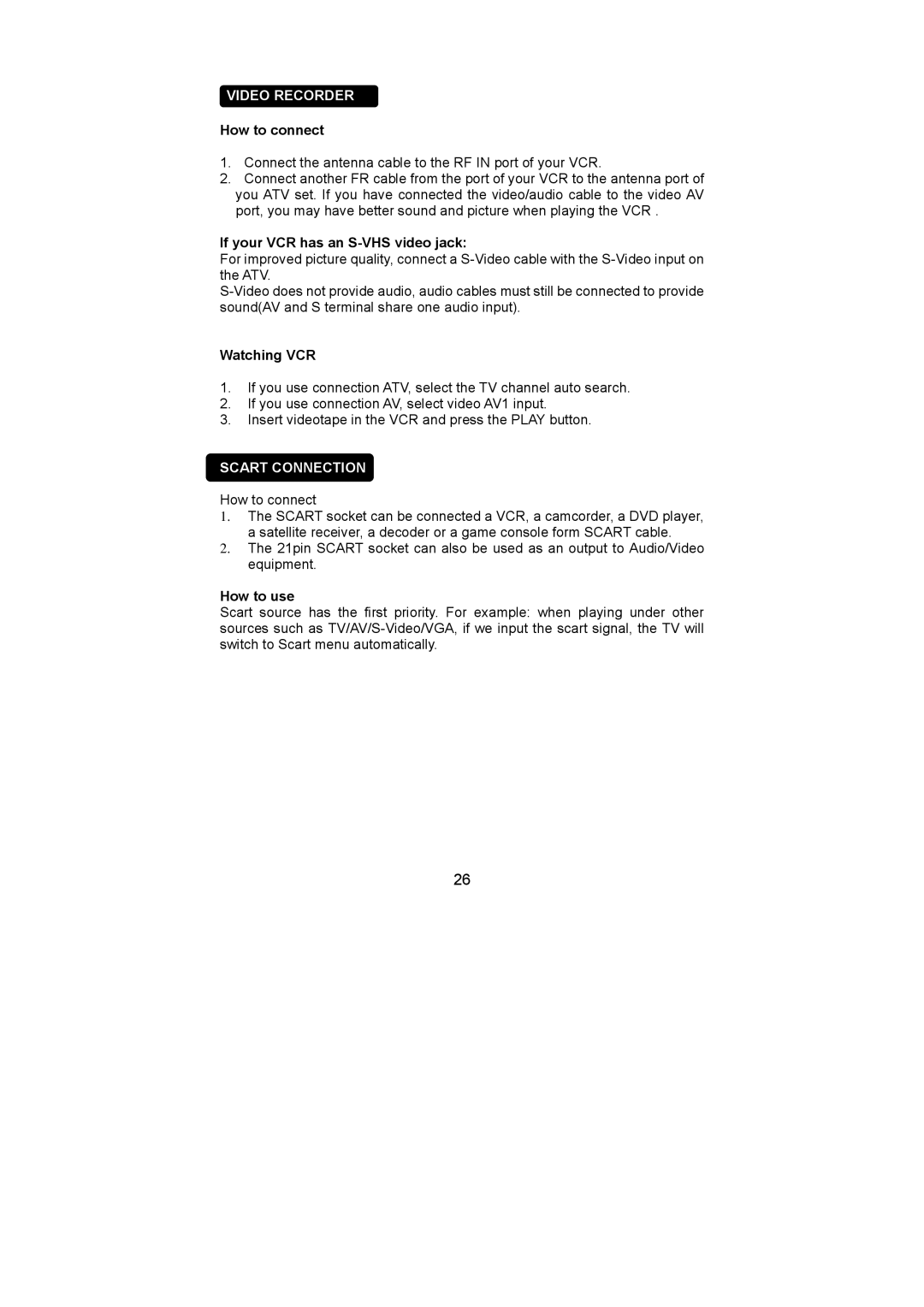 AOC L26W781B, L32W781B, L42W781B, L37W781B user manual Video Recorder, Scart Connection 