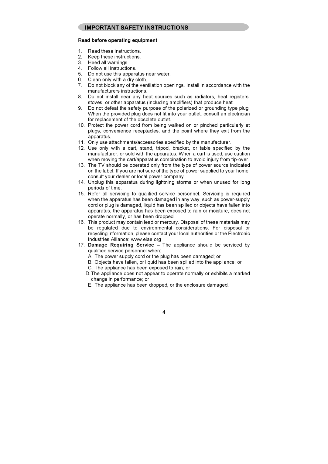 AOC L42W781B, L26W781B, L32W781B, L37W781B user manual Important Safety Instructions, Read before operating equipment 