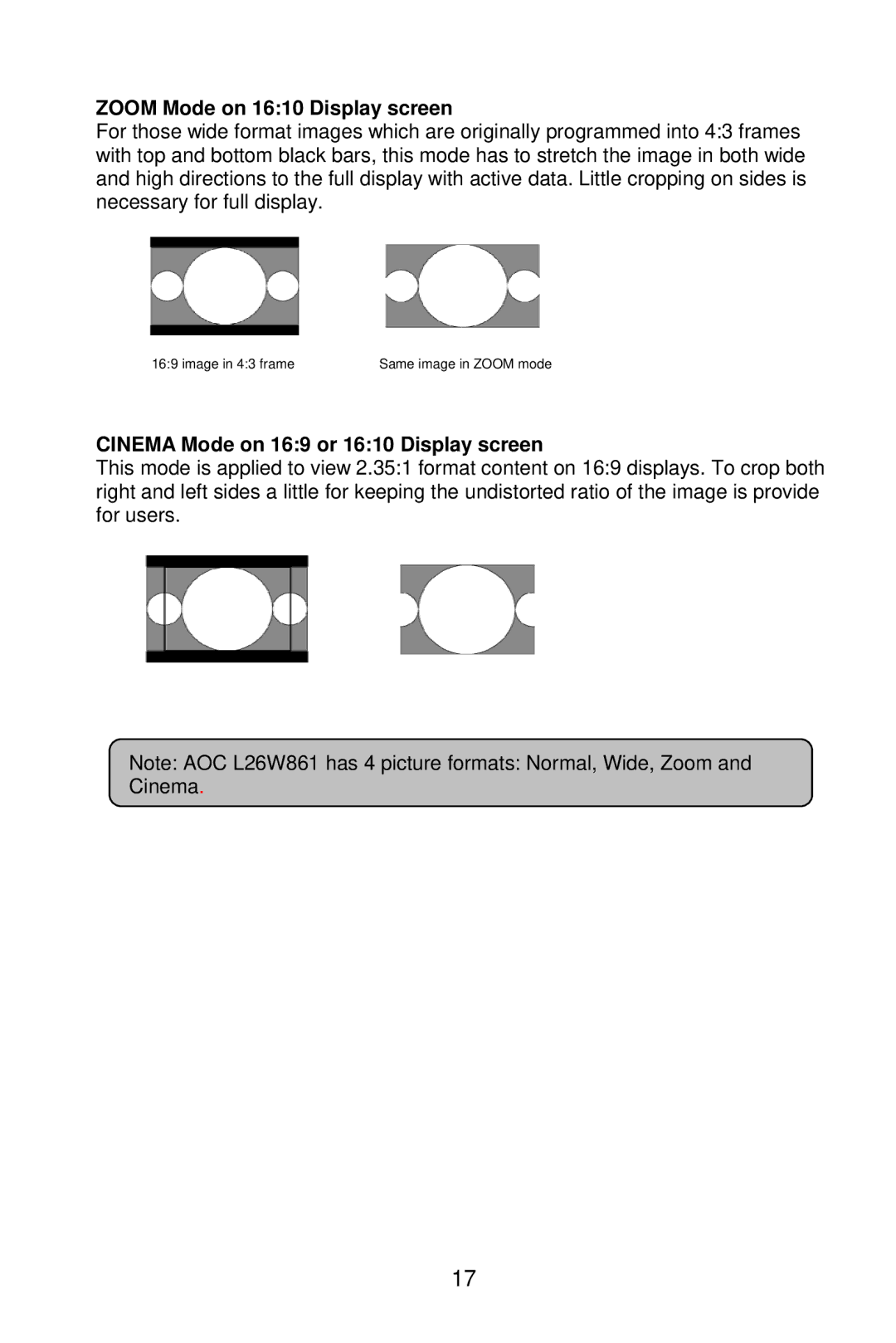 AOC L26W861 manual Zoom Mode on 1610 Display screen, Cinema Mode on 169 or 1610 Display screen 