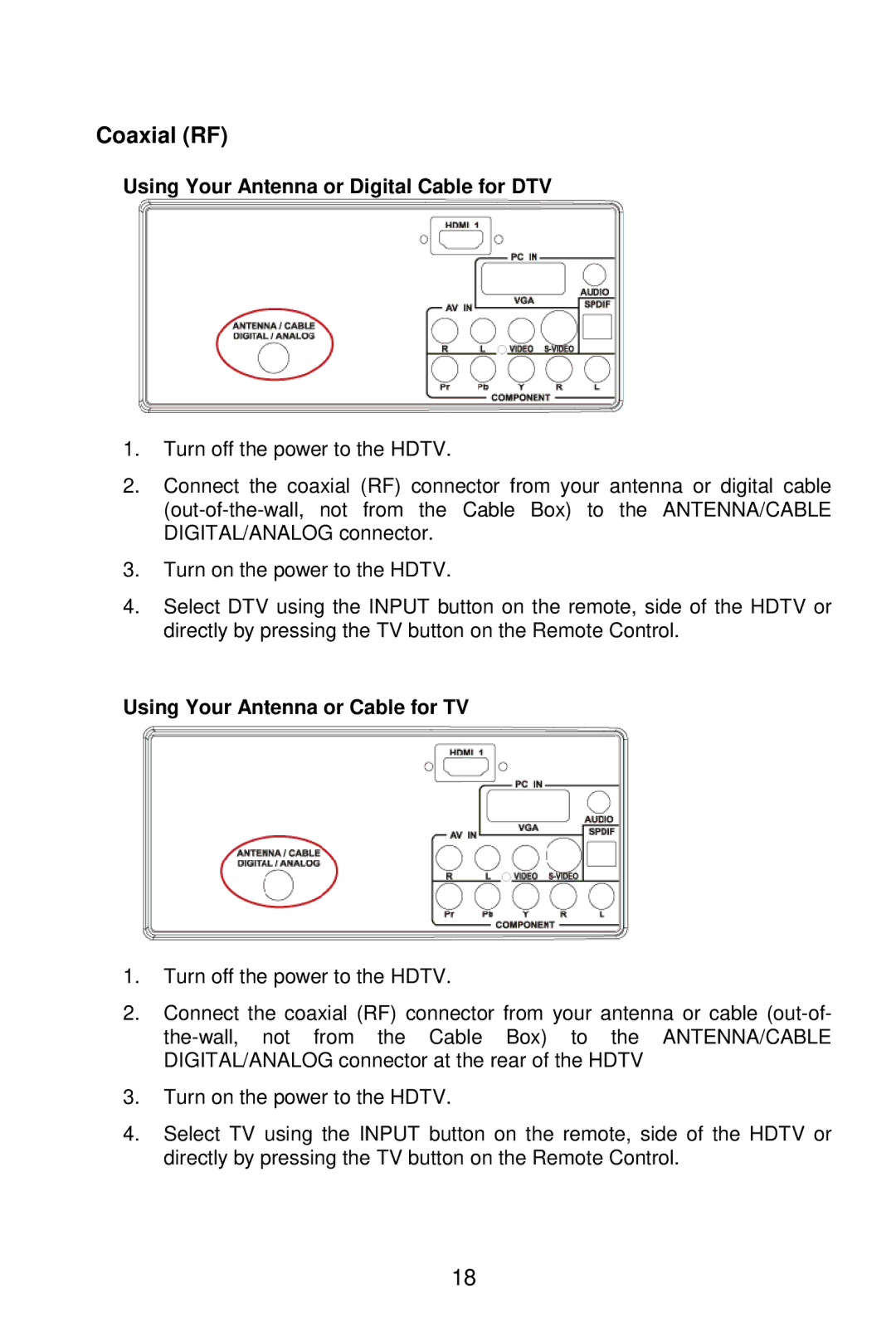 AOC L26W861 manual Coaxial RF, Using Your Antenna or Digital Cable for DTV, Using Your Antenna or Cable for TV 