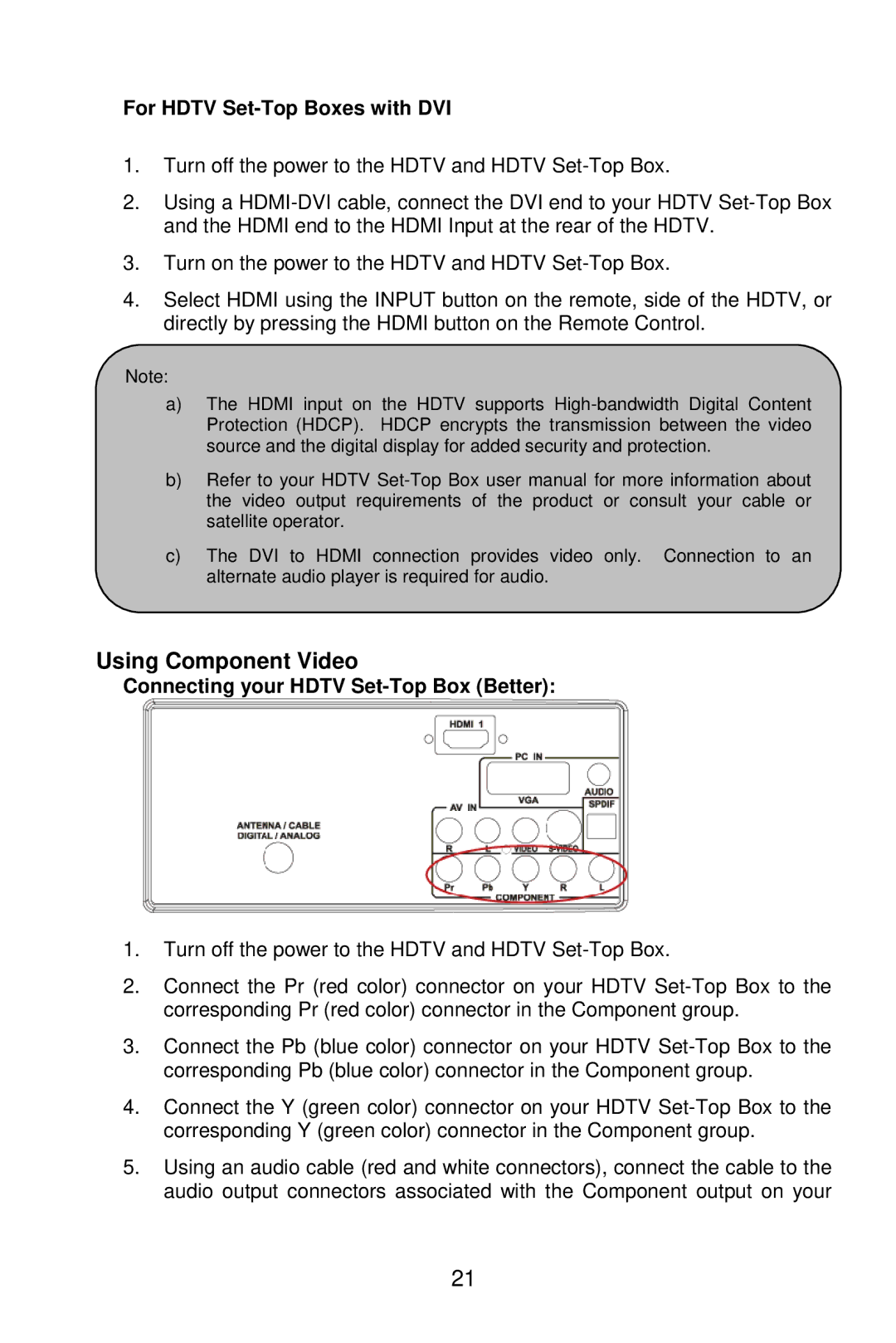 AOC L26W861 manual Using Component Video, For Hdtv Set-Top Boxes with DVI, Connecting your Hdtv Set-Top Box Better 