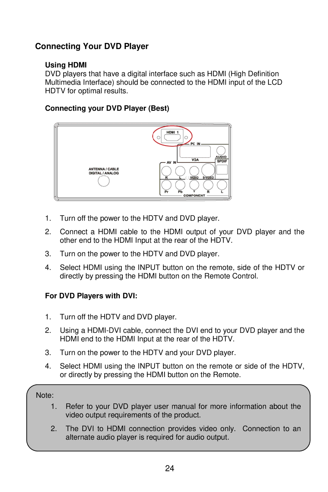 AOC L26W861 manual Connecting Your DVD Player, Connecting your DVD Player Best, For DVD Players with DVI 