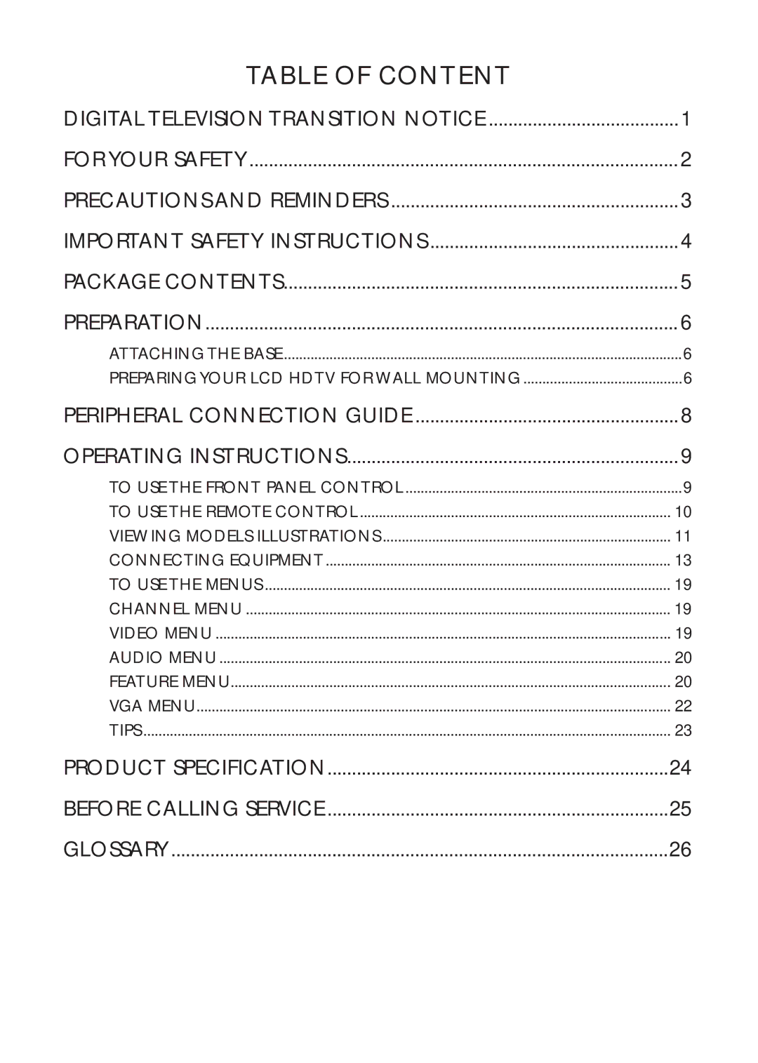 AOC L32W961 manual Table of Content 