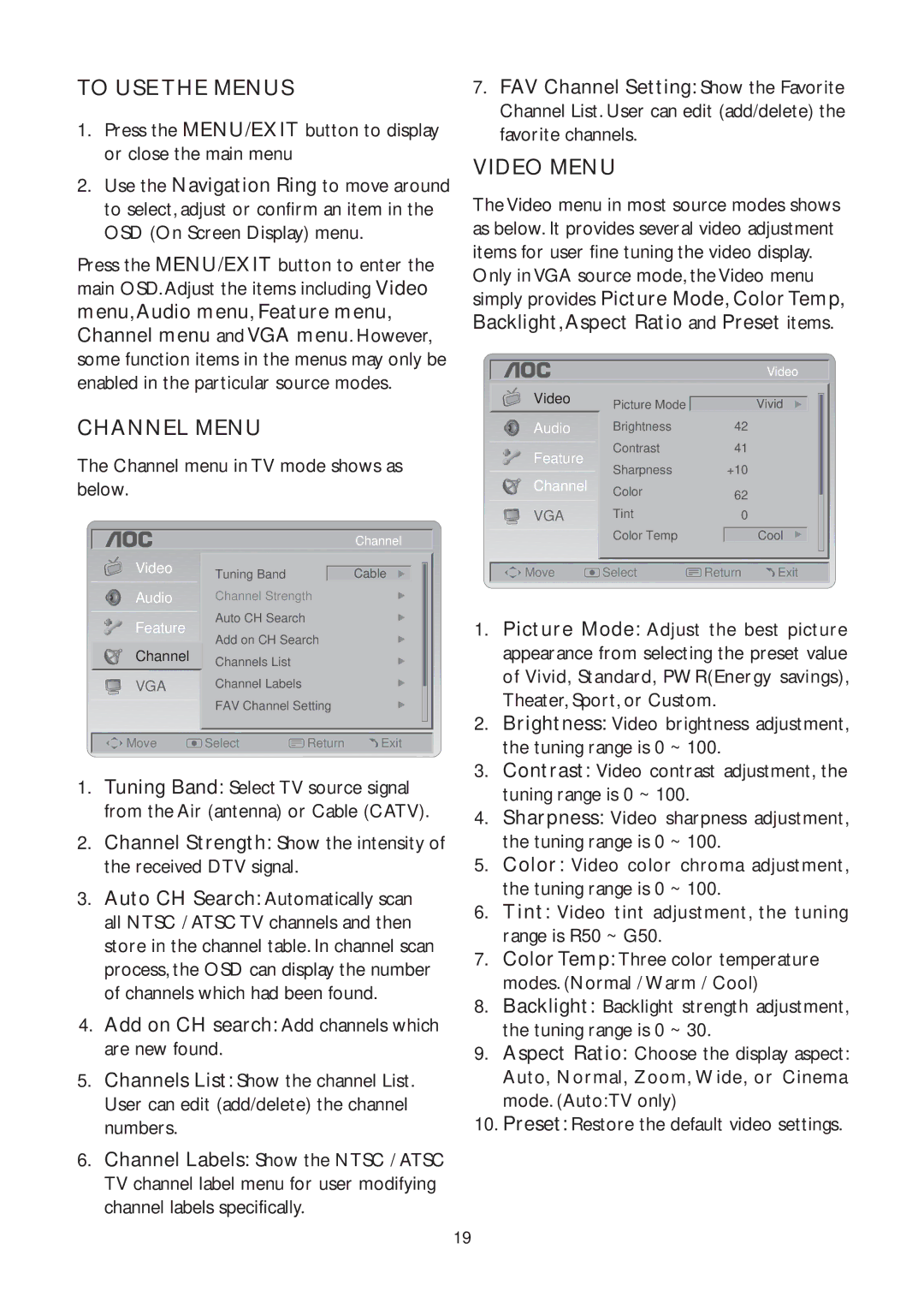 AOC L32W961 manual To USE the Menus, Channel Menu, Video Menu, Add on CH search Add channels which are new found 