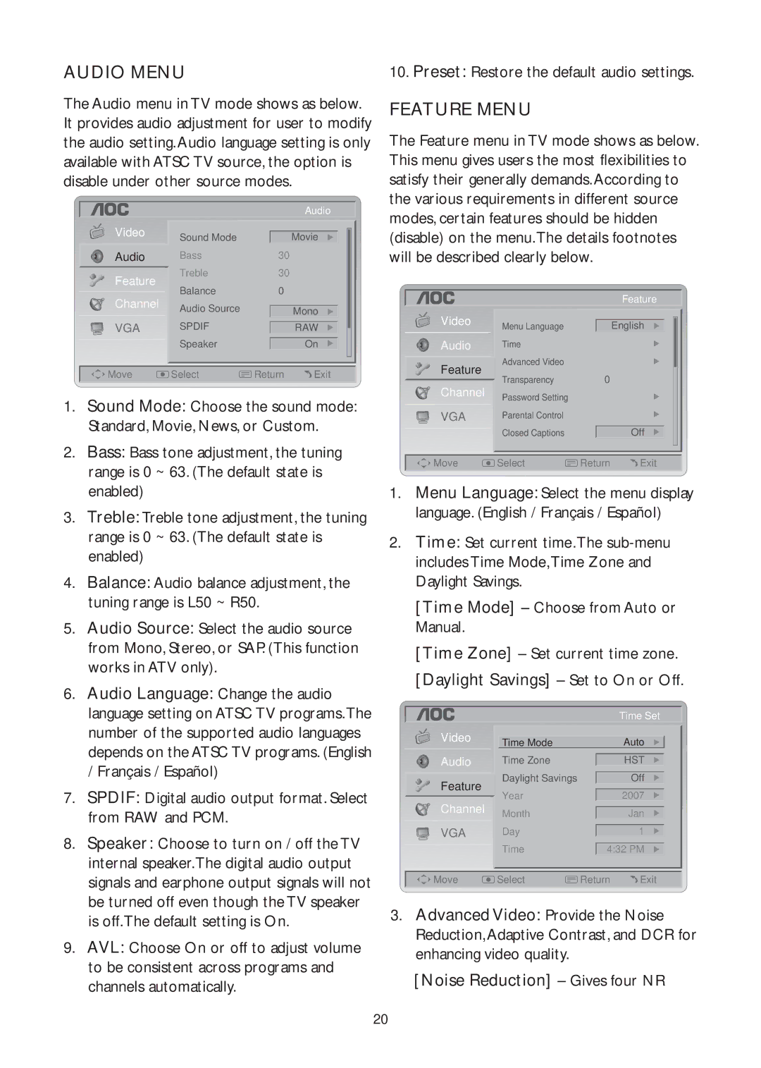 AOC L32W961 manual Audio Menu, Feature Menu, Noise Reduction Gives four NR 