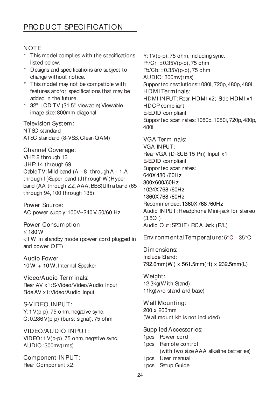 AOC L32W961 manual Product Specification 