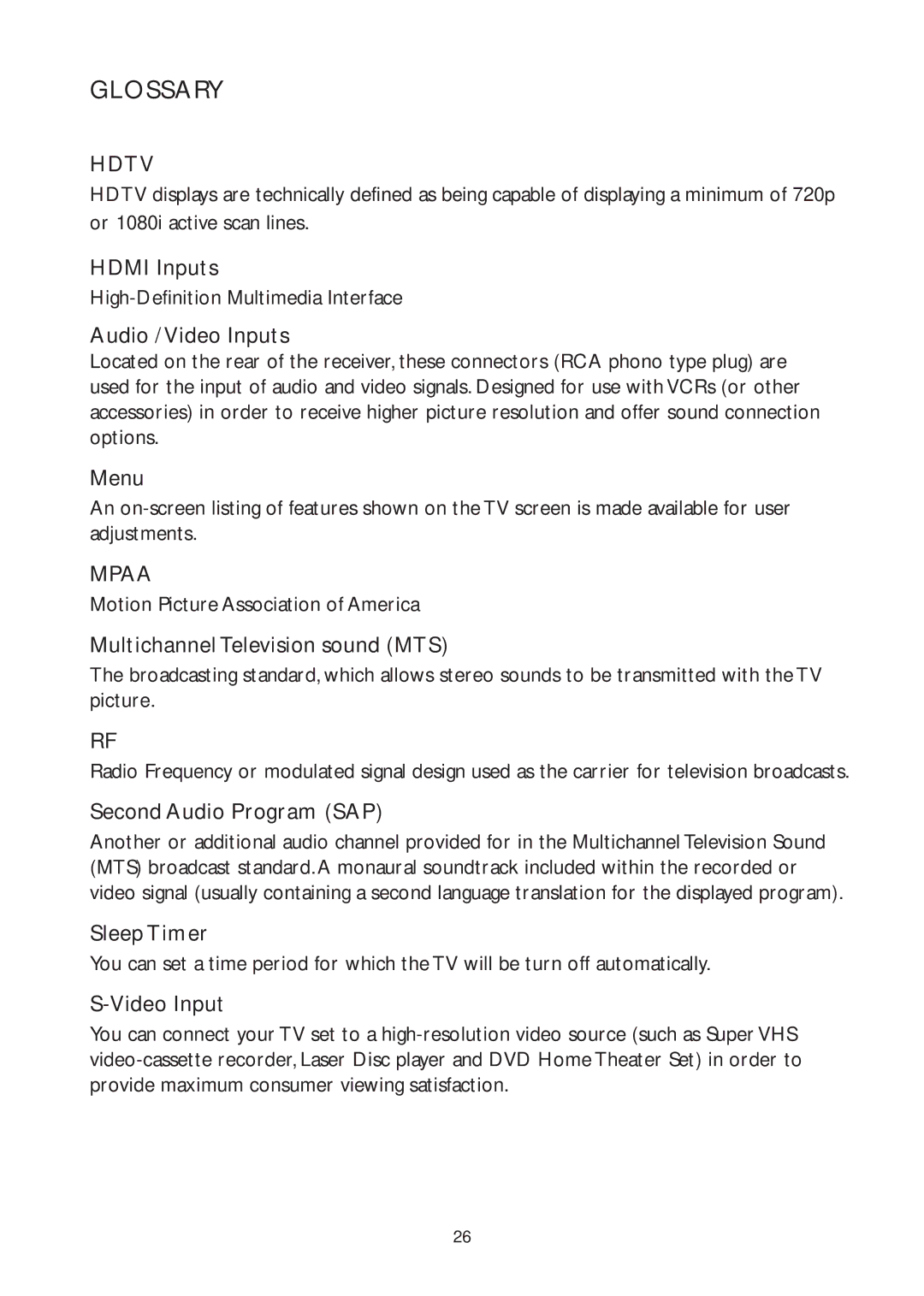 AOC L32W961 manual Glossary, Hdtv, Mpaa 