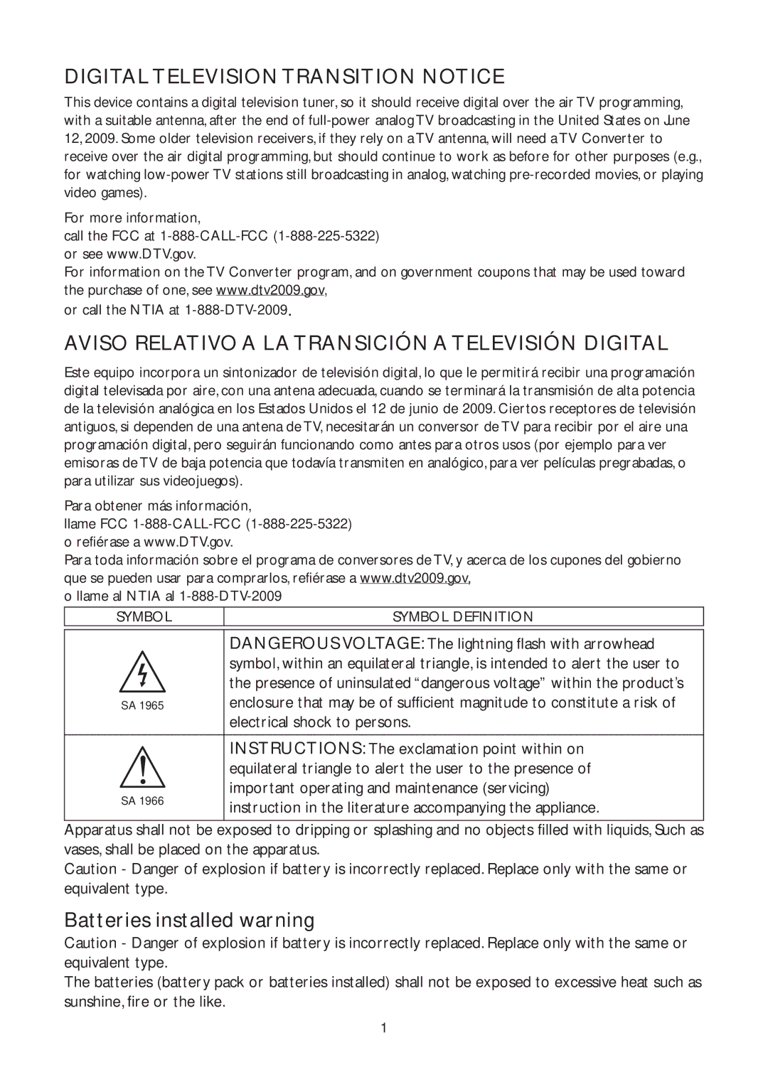 AOC L32W961 manual Digital Television Transition Notice, Aviso Relativo a LA Transición a Televisión Digital 