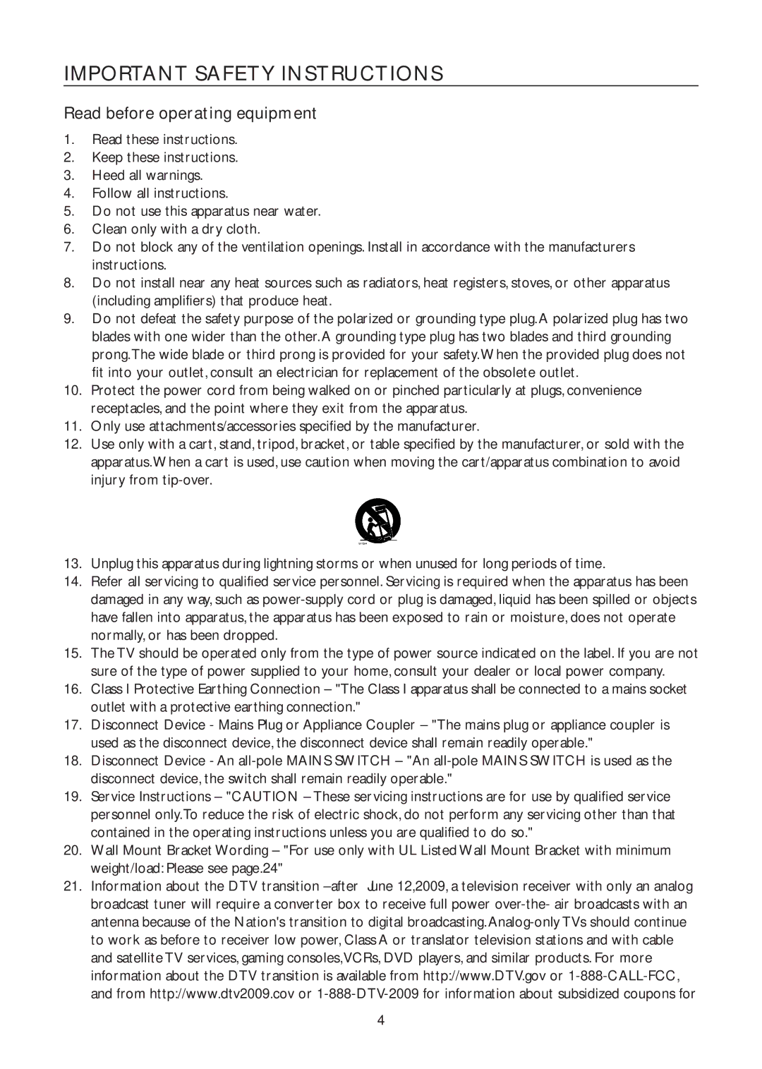 AOC L32W961 manual Important Safety Instructions, Read before operating equipment 