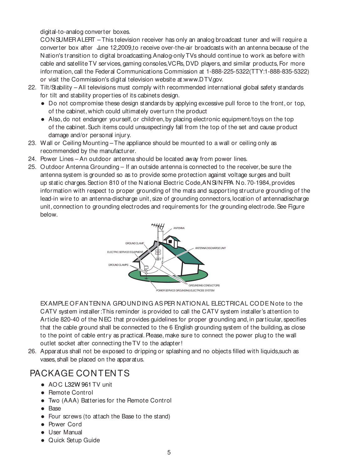 AOC L32W961 manual Package Contents 