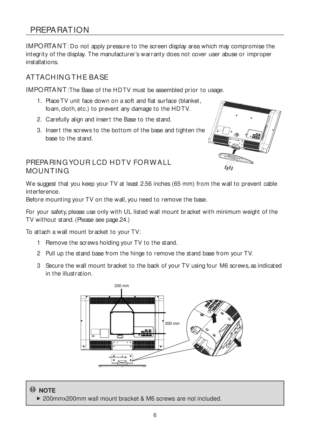 AOC L32W961 manual Preparation, Attaching the Base, Preparingyour LCD Hdtv for Wall Mounting 