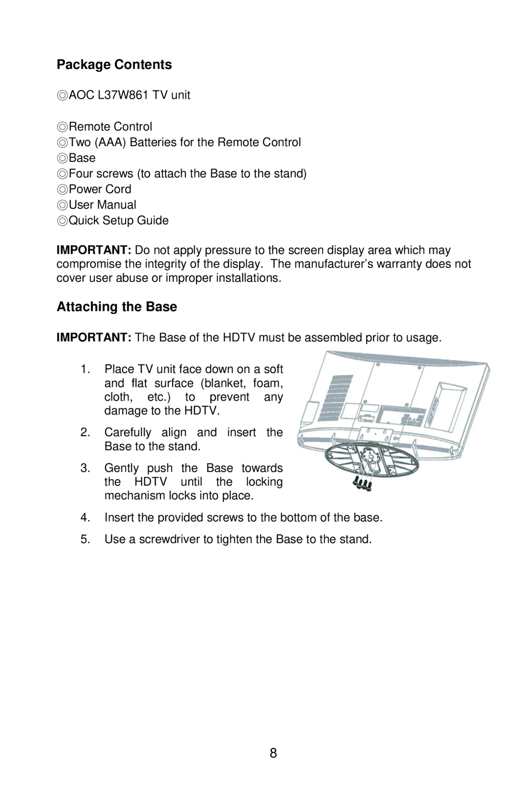 AOC L37W861 manual Package Contents, Attaching the Base 