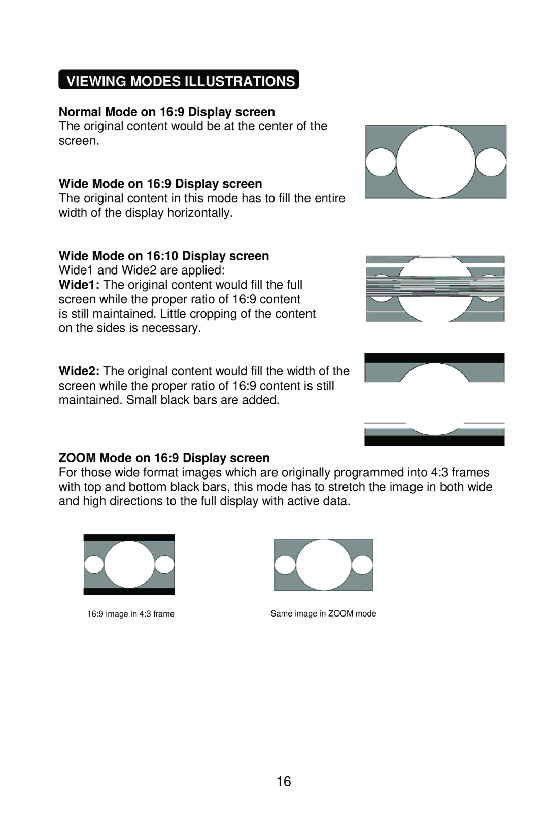 AOC L37W861 manual Viewing Modes Illustrations, Normal Mode on 169 Display screen, Wide Mode on 169 Display screen 