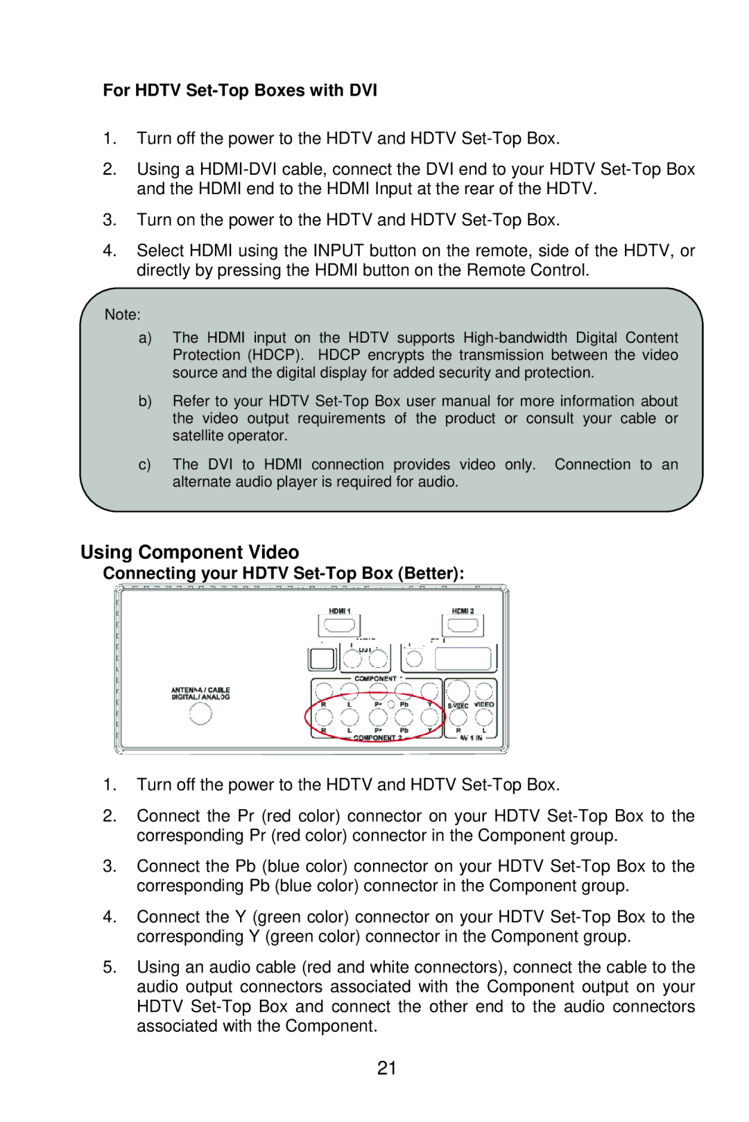 AOC L37W861 manual Using Component Video, For Hdtv Set-Top Boxes with DVI, Connecting your Hdtv Set-Top Box Better 