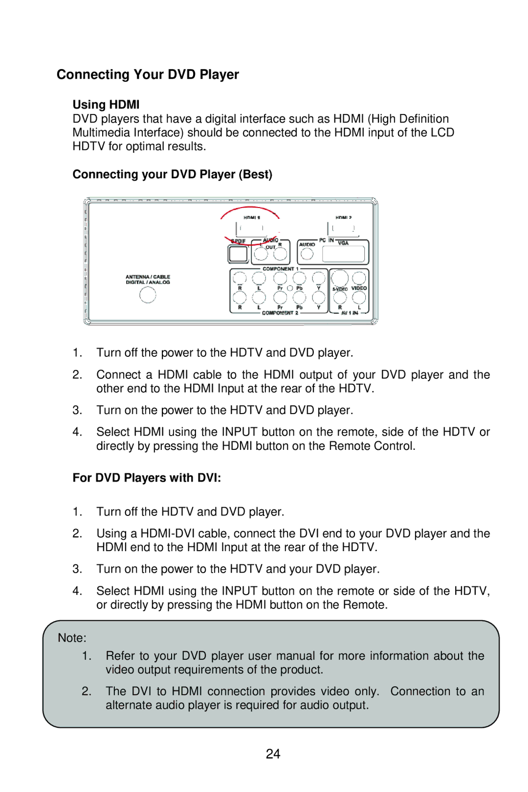 AOC L37W861 manual Connecting Your DVD Player, Connecting your DVD Player Best, For DVD Players with DVI 