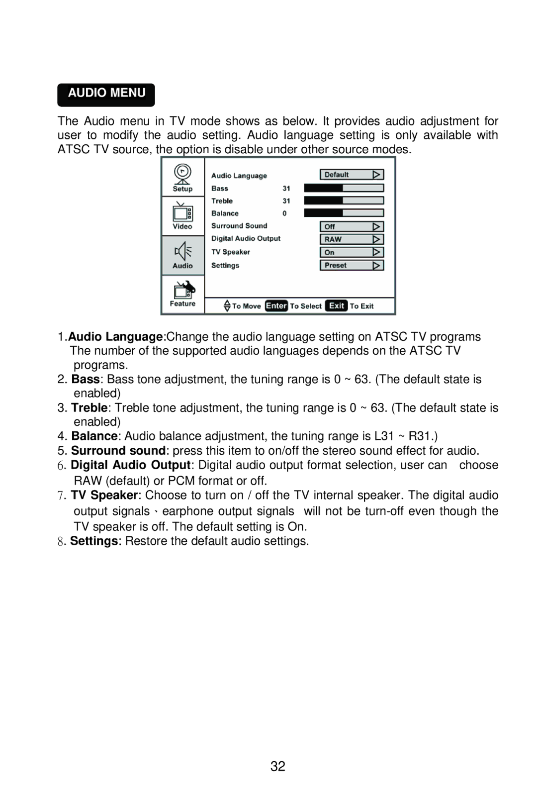 AOC L37W861 manual Audio Menu 