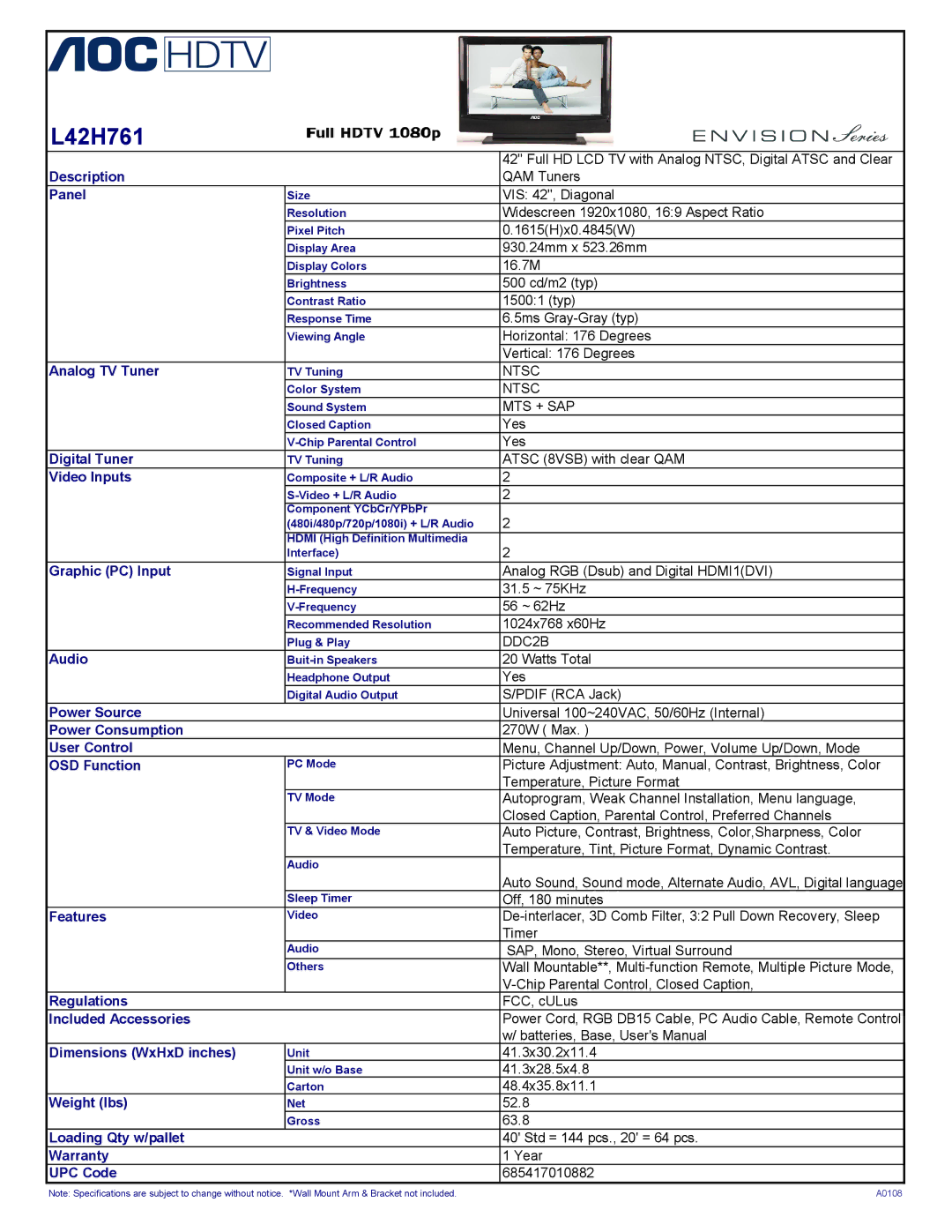 AOC L42H761 user manual Ntsc, Mts + Sap, DDC2B 