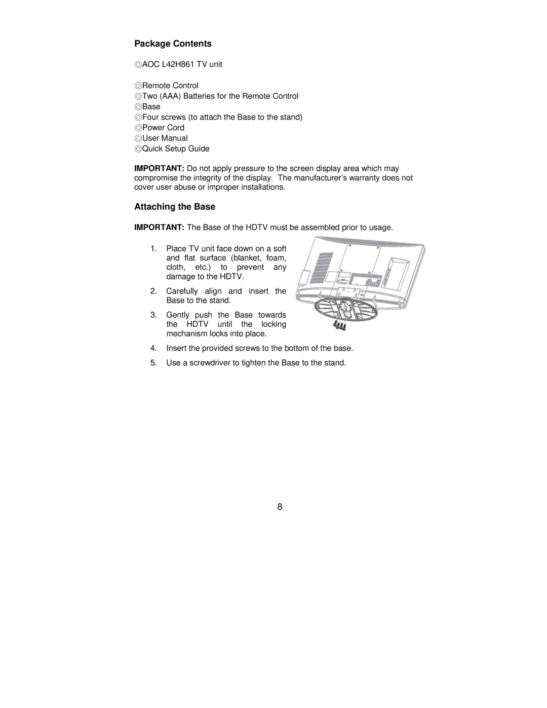 AOC L42H861 manual Package Contents, Attaching the Base 