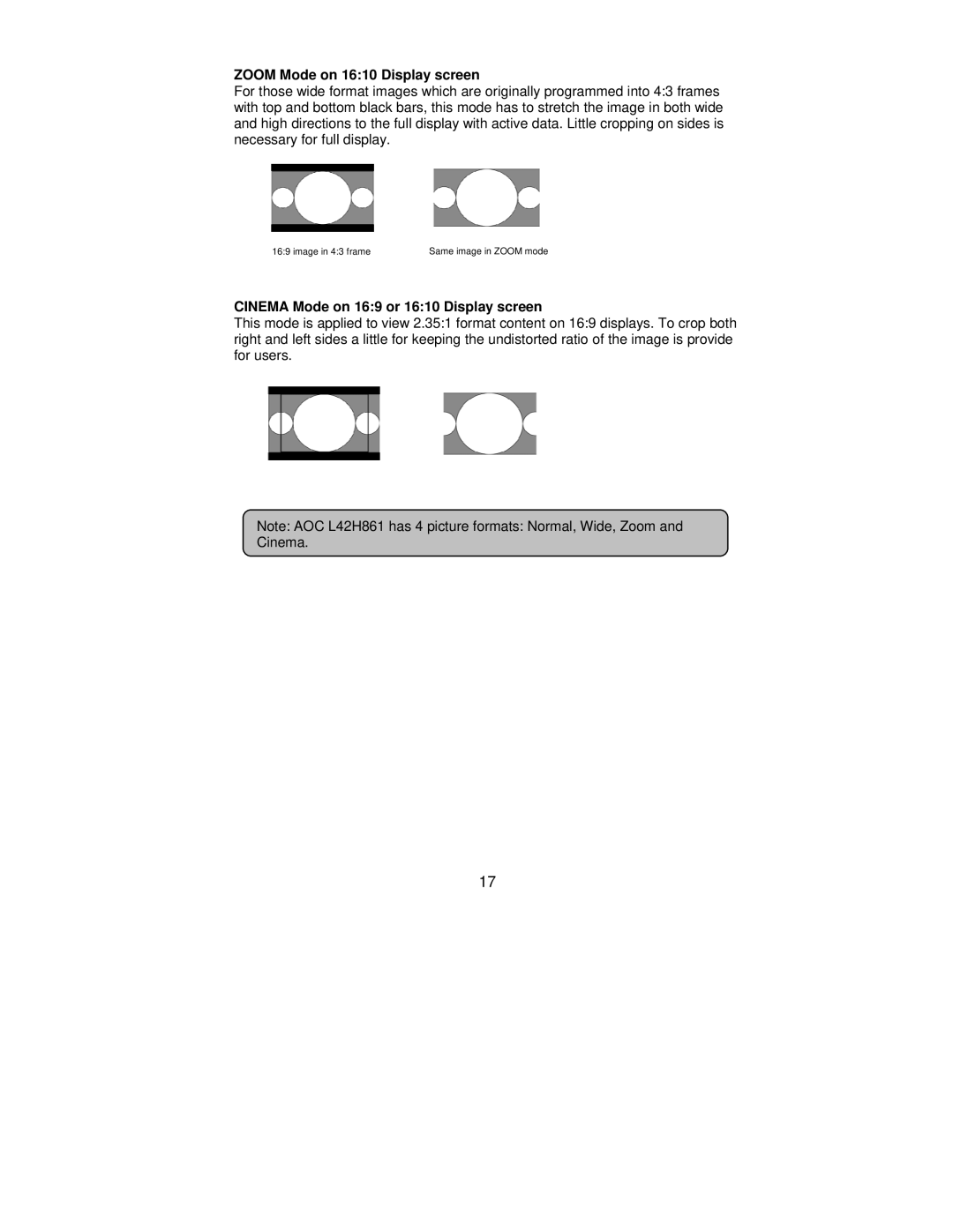 AOC L42H861 manual Zoom Mode on 1610 Display screen, Cinema Mode on 169 or 1610 Display screen 
