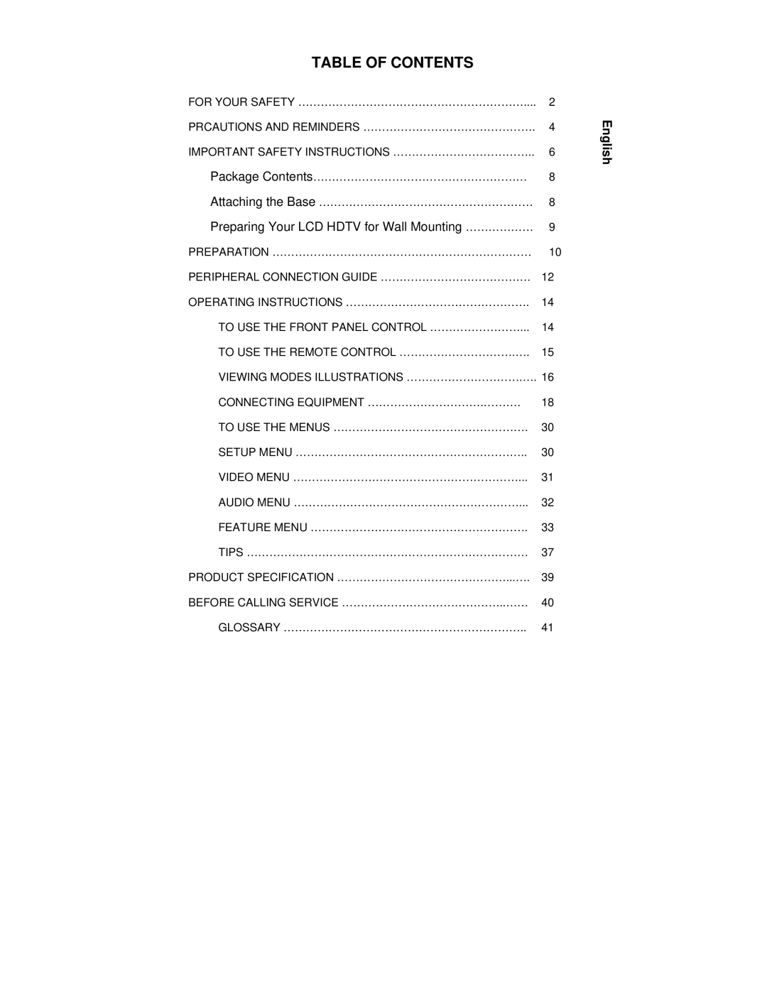 AOC L42H861 manual Table of Contents 