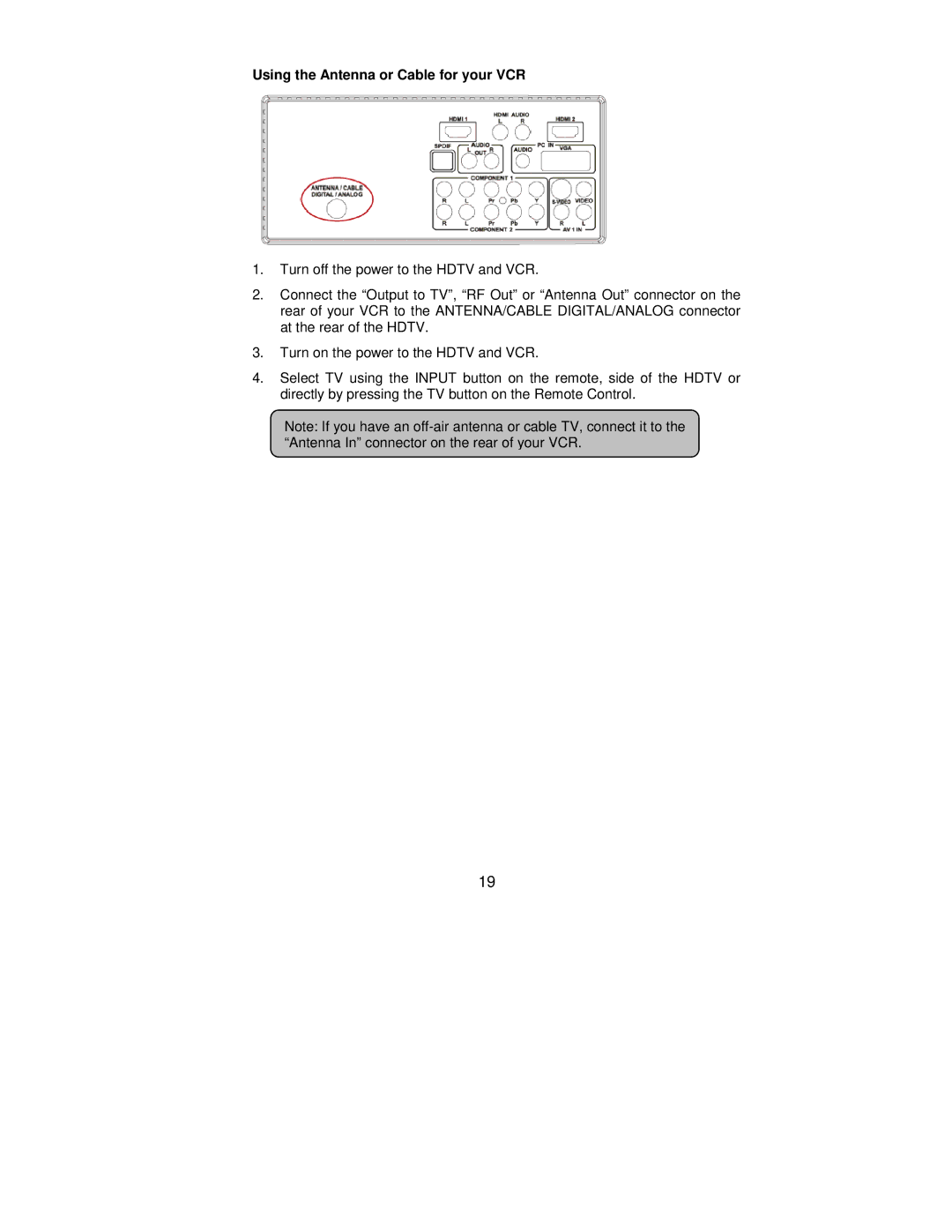 AOC L42H861 manual Using the Antenna or Cable for your VCR 