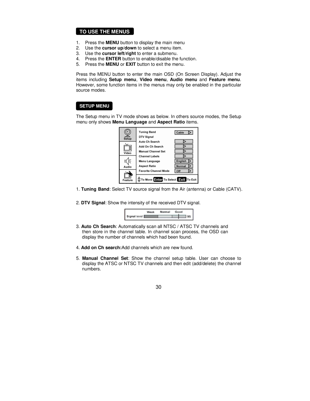 AOC L42H861 manual To USE the Menus, Setup Menu 