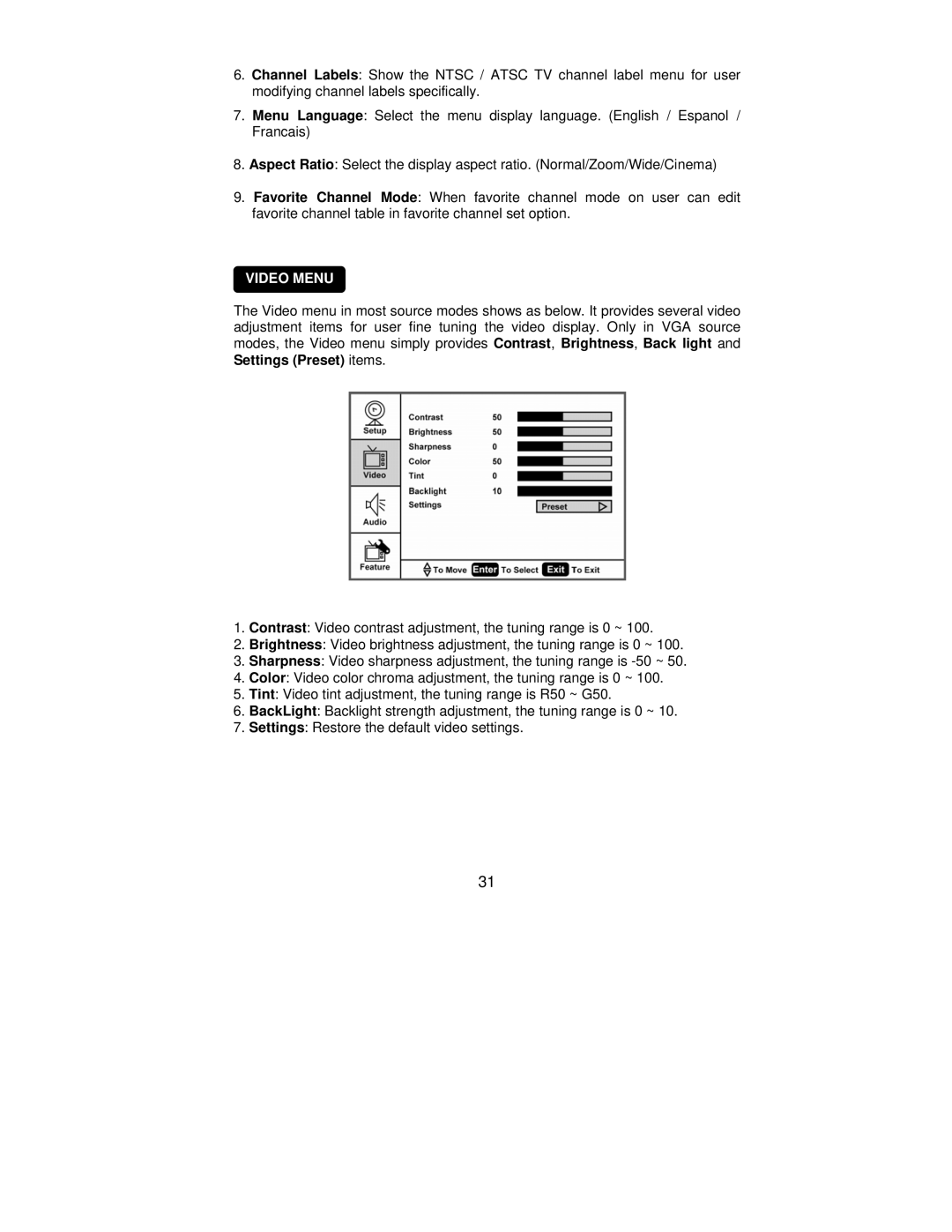 AOC L42H861 manual Video Menu 