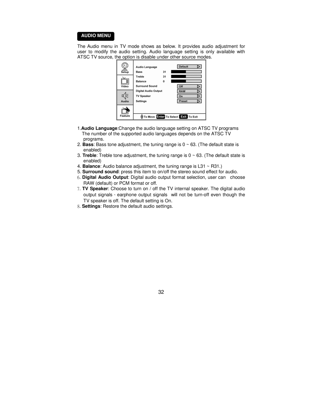 AOC L42H861 manual Audio Menu 