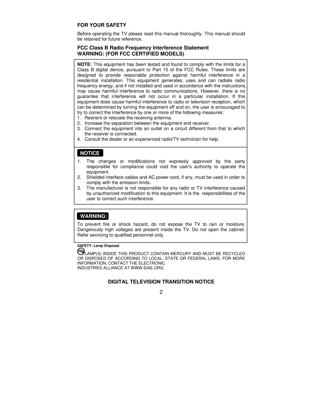 AOC L42H861 For Your Safety, FCC Class B Radio Frequency Interference Statement, Digital Television Transition Notice 