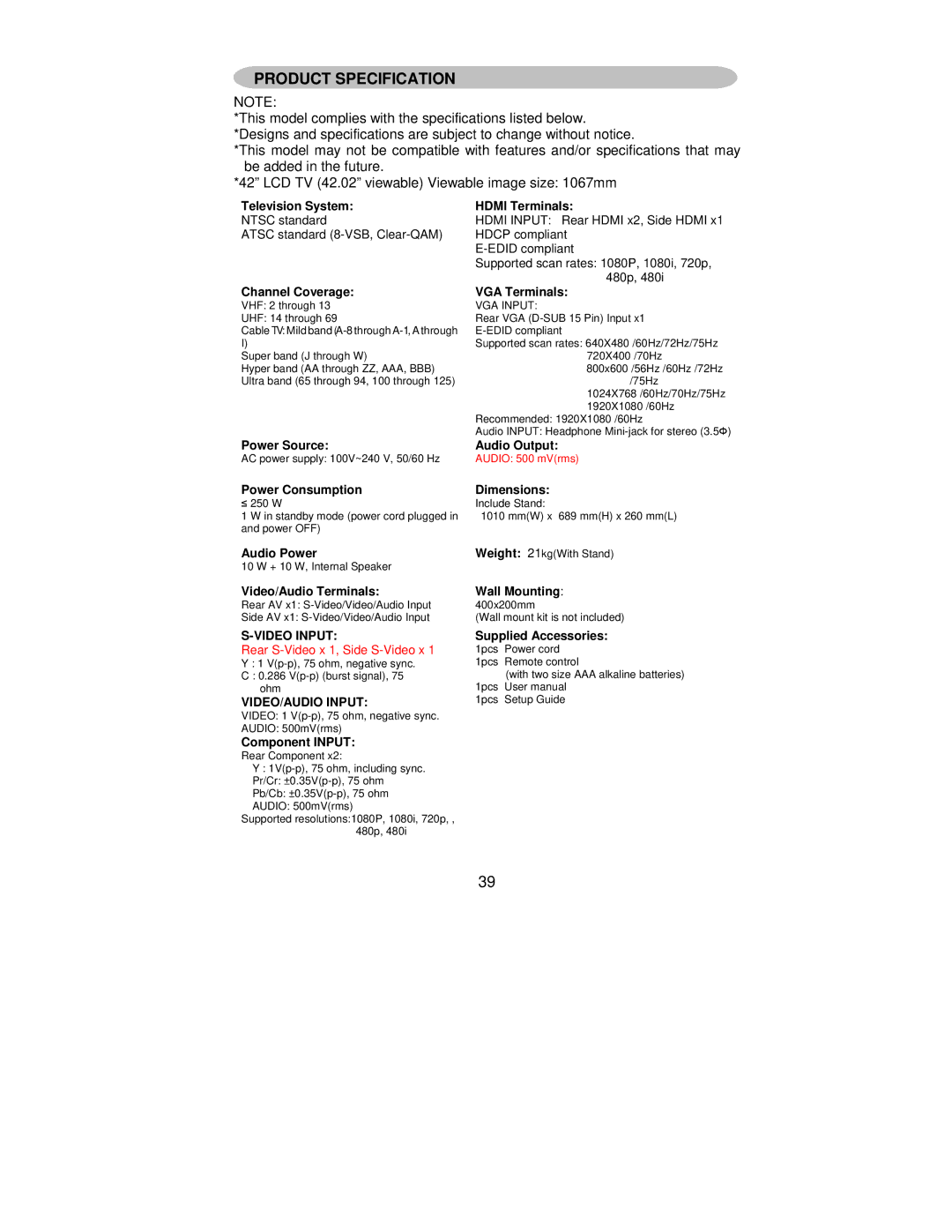 AOC L42H861 manual Product Specification, Television System Hdmi Terminals 