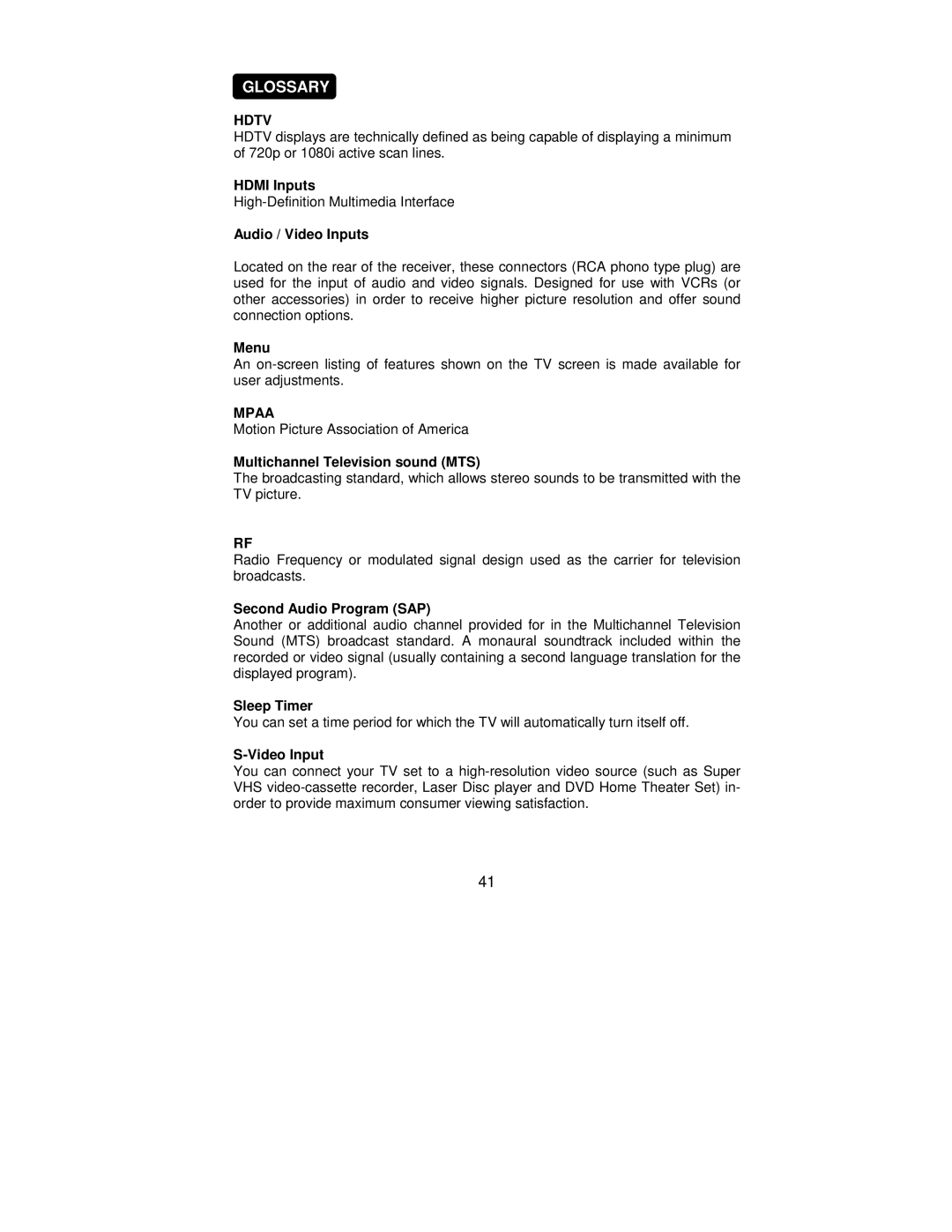 AOC L42H861 manual Glossary 