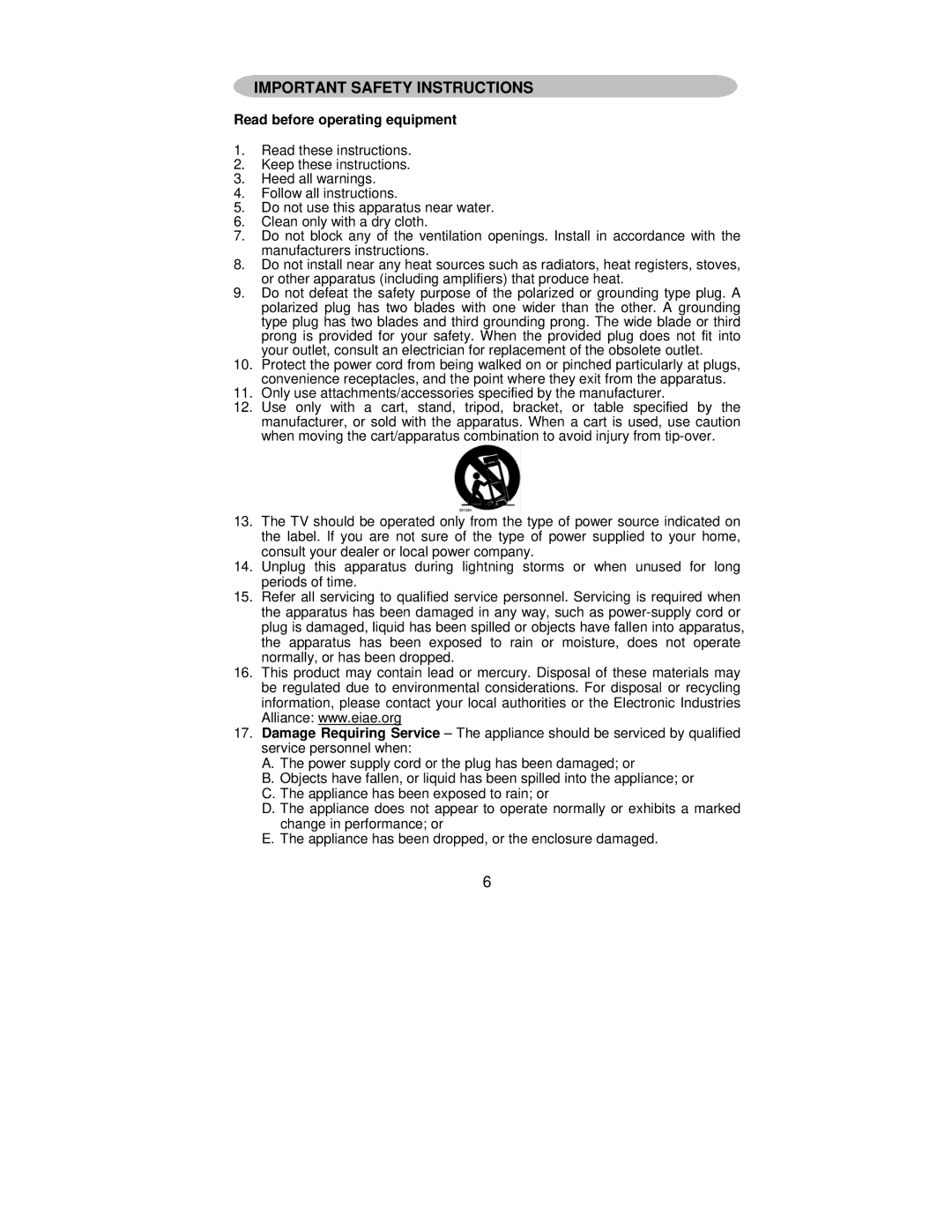 AOC L42H861 manual Important Safety Instructions, Read before operating equipment 