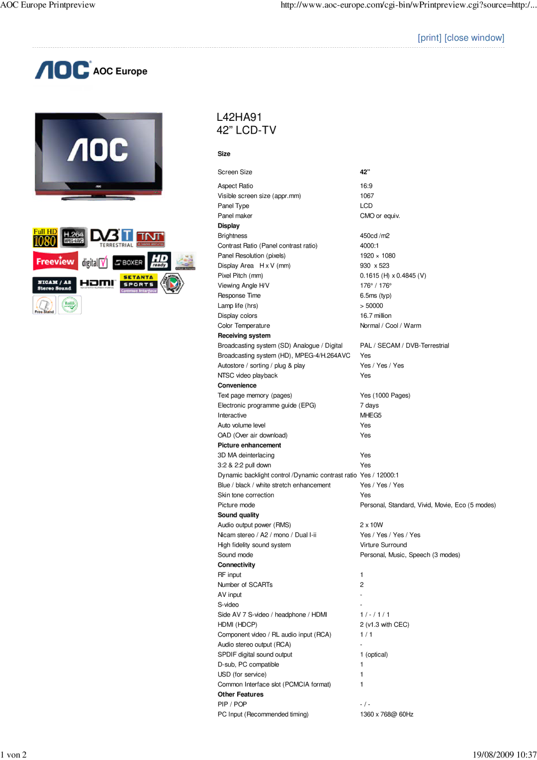 AOC L42HA91 manual Size, Display, Receiving system, Convenience, Picture enhancement, Sound quality, Connectivity 