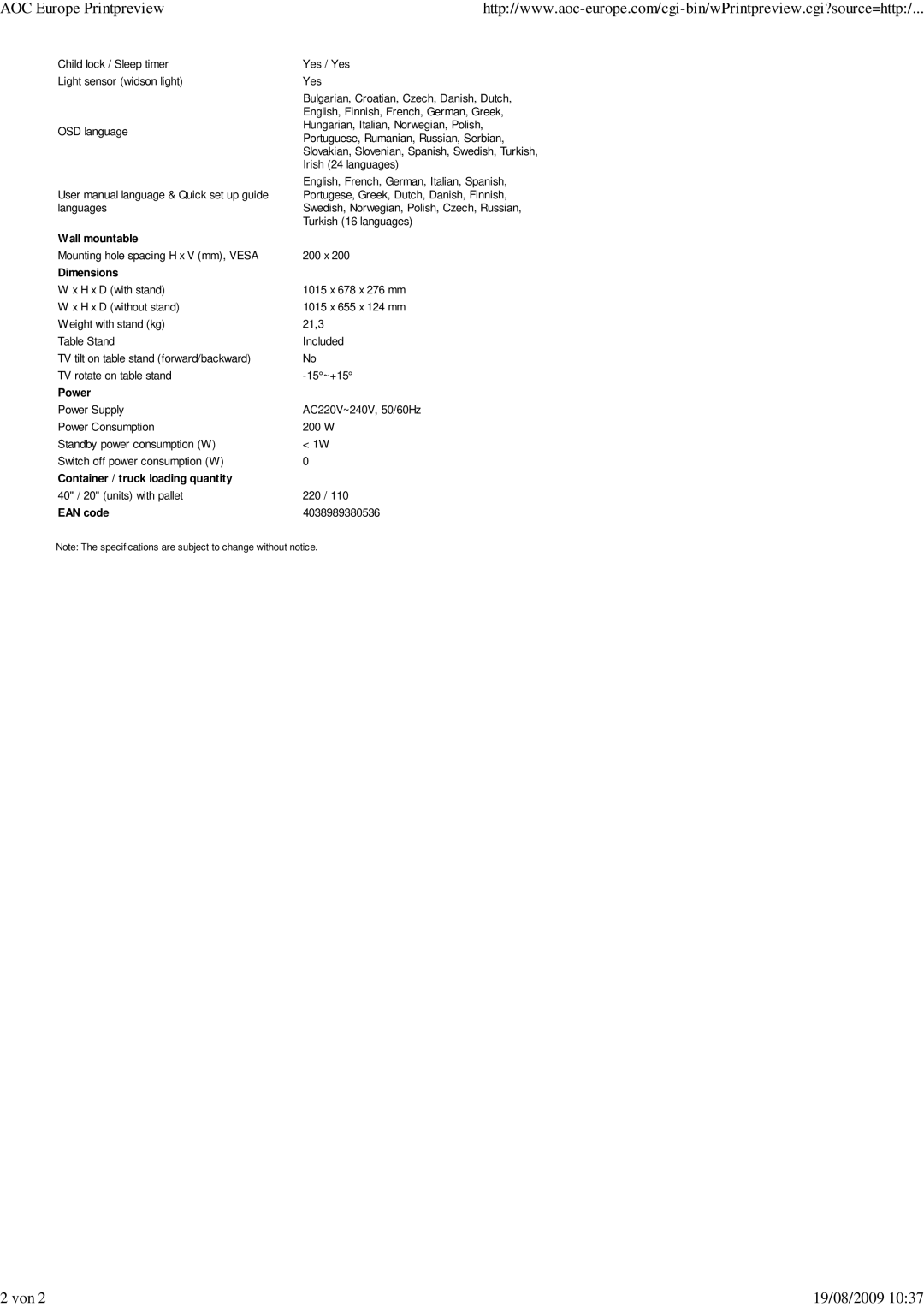 AOC L42HA91 manual Wall mountable, Dimensions, Power Power Supply Power Consumption, EAN code 