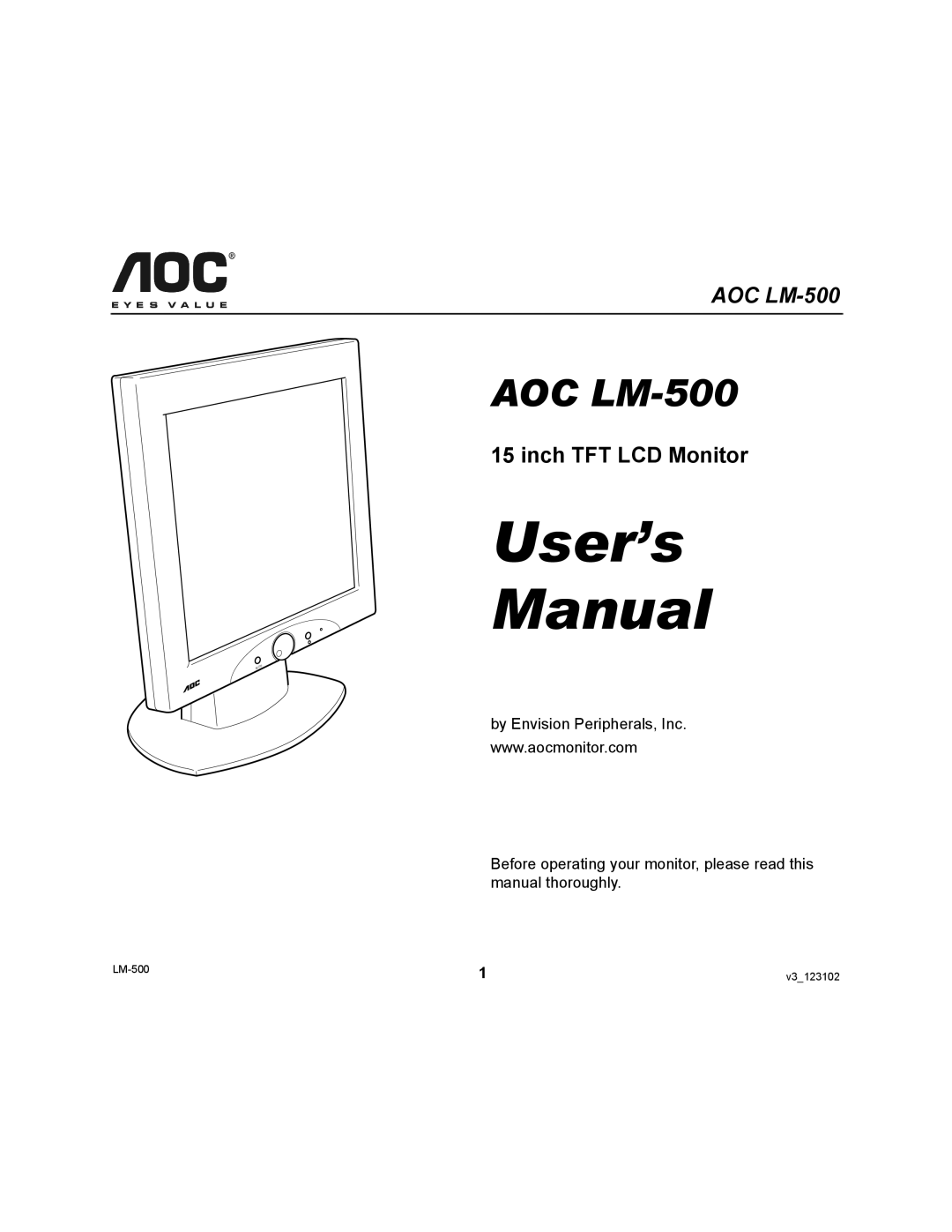 AOC LM-500 user manual User’s Manual, Inch TFT LCD Monitor 