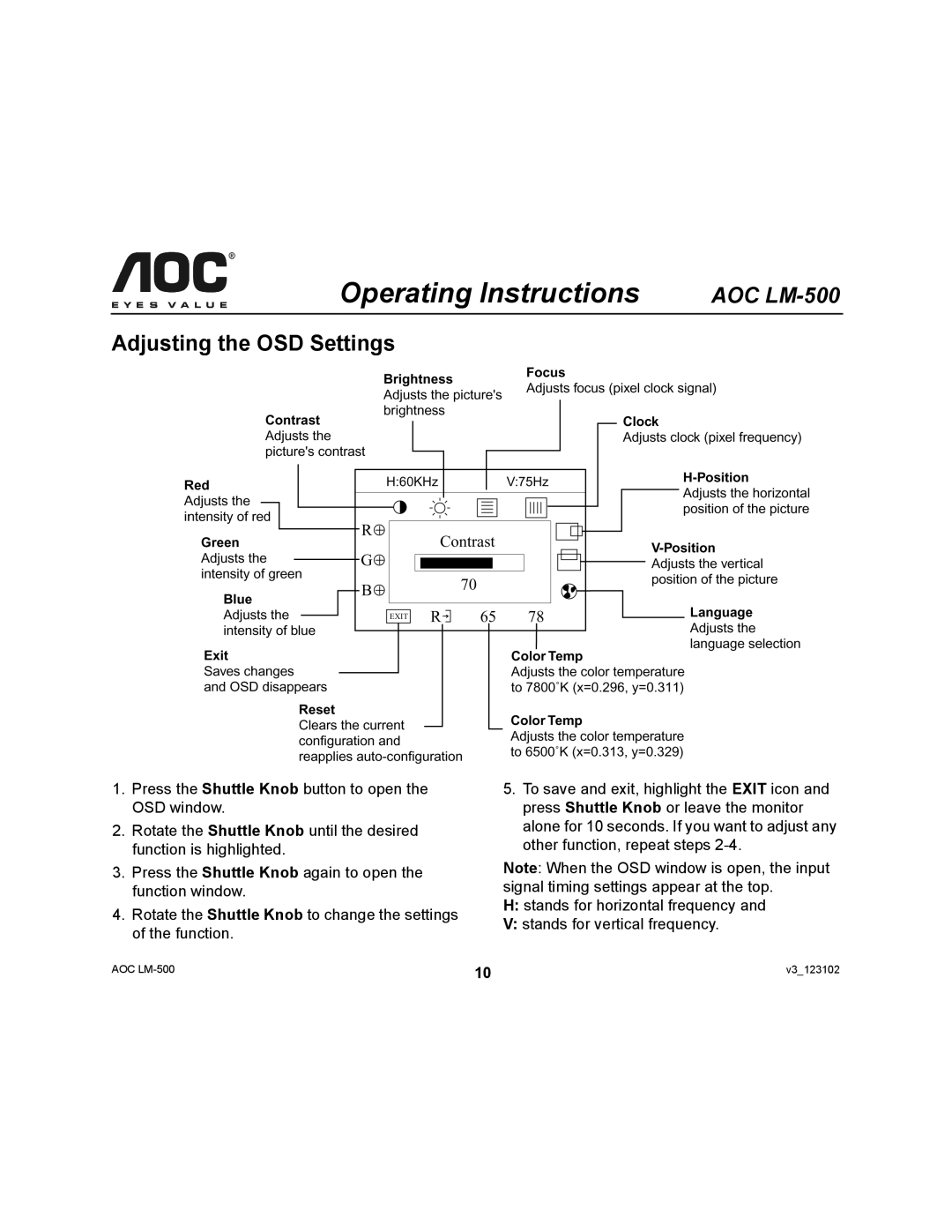 AOC LM-500 user manual Adjusting the OSD Settings 