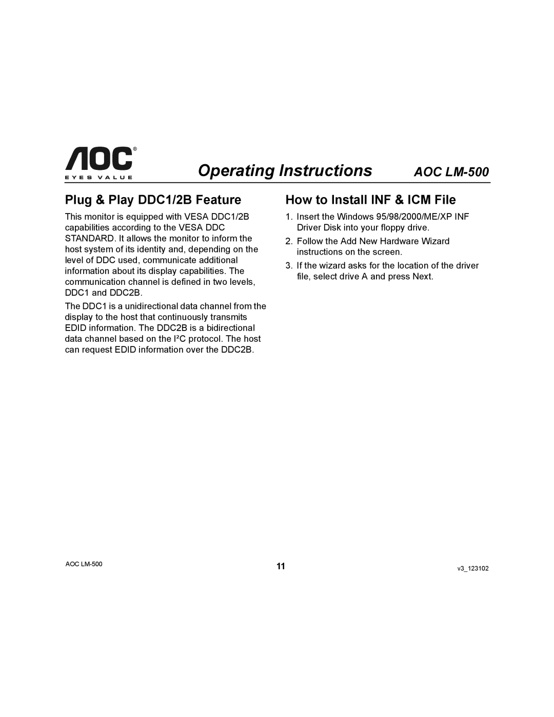 AOC LM-500 user manual Plug & Play DDC1/2B Feature, How to Install INF & ICM File 