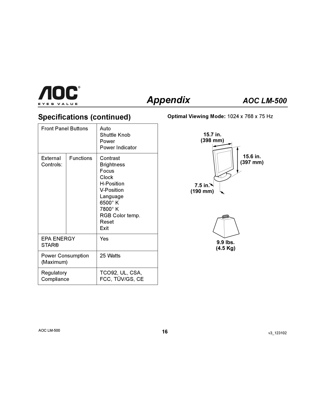 AOC LM-500 user manual Optimal Viewing Mode 1024 x 768 x 75 Hz 