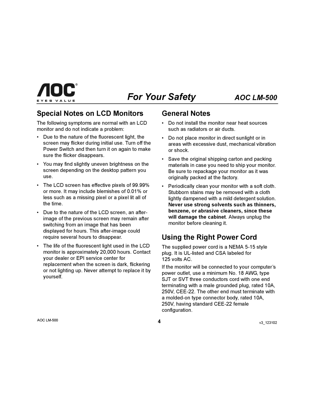 AOC LM-500 user manual Special Notes on LCD Monitors, General Notes, Using the Right Power Cord 