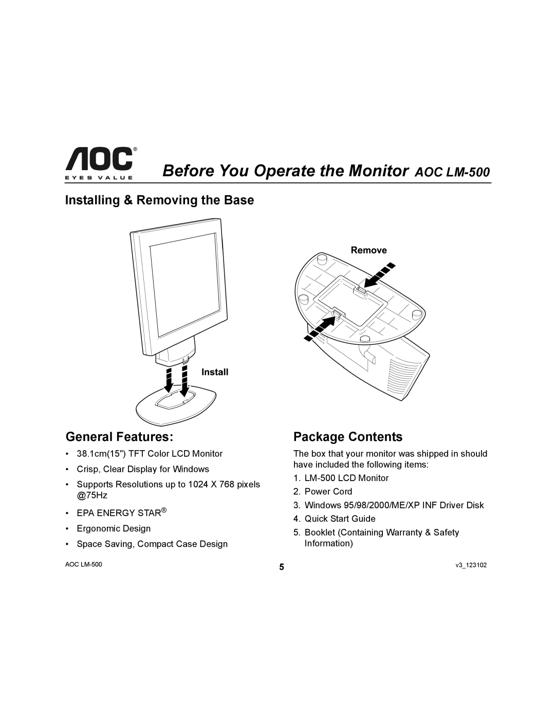 AOC user manual Before You Operate the Monitor AOC LM-500, EPA Energy Star 