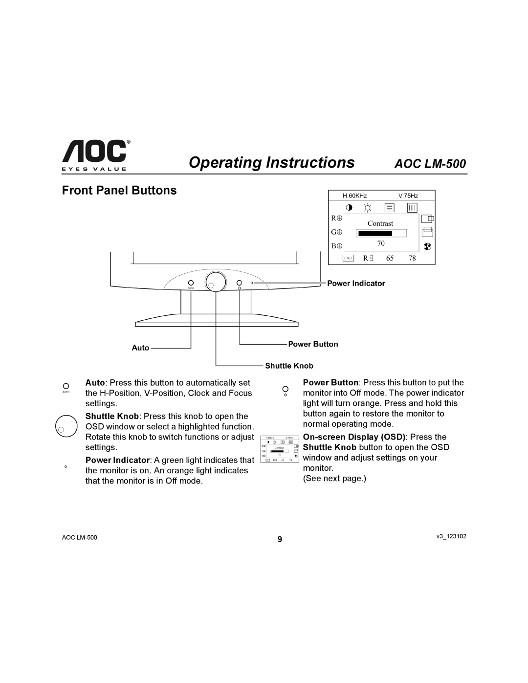 AOC LM-500 user manual Operating Instructions, Front Panel Buttons 