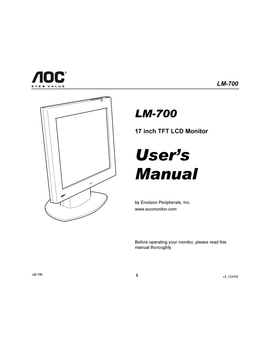 AOC LM-700 user manual User’s Manual, Inch TFT LCD Monitor 