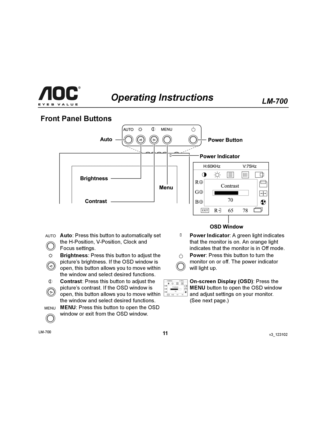 AOC LM-700 user manual Operating Instructions, Front Panel Buttons 