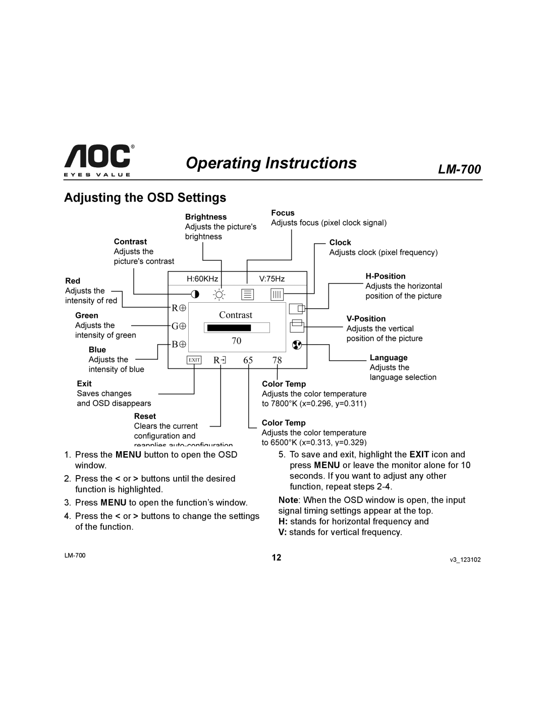 AOC LM-700 user manual Adjusting the OSD Settings 