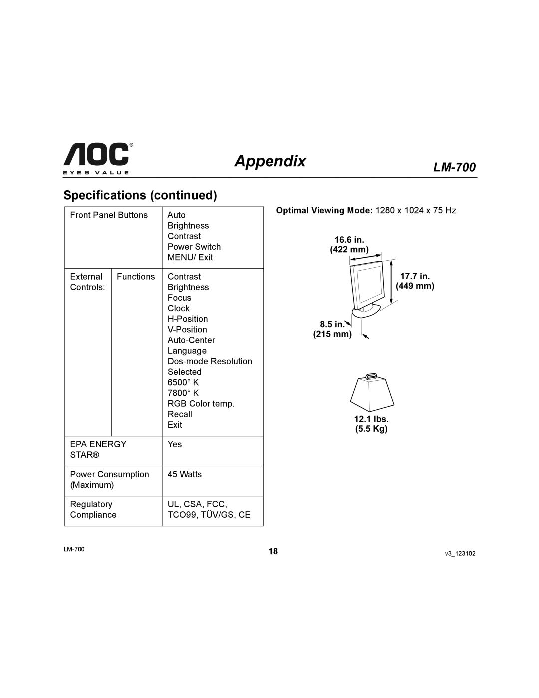 AOC LM-700 user manual Optimal Viewing Mode 1280 x 1024 x 75 Hz 