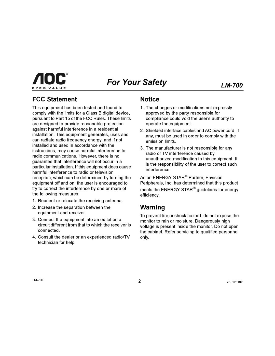 AOC LM-700 user manual For Your Safety, FCC Statement 