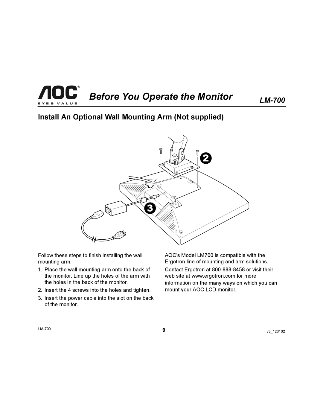 AOC LM-700 user manual Install An Optional Wall Mounting Arm Not supplied 