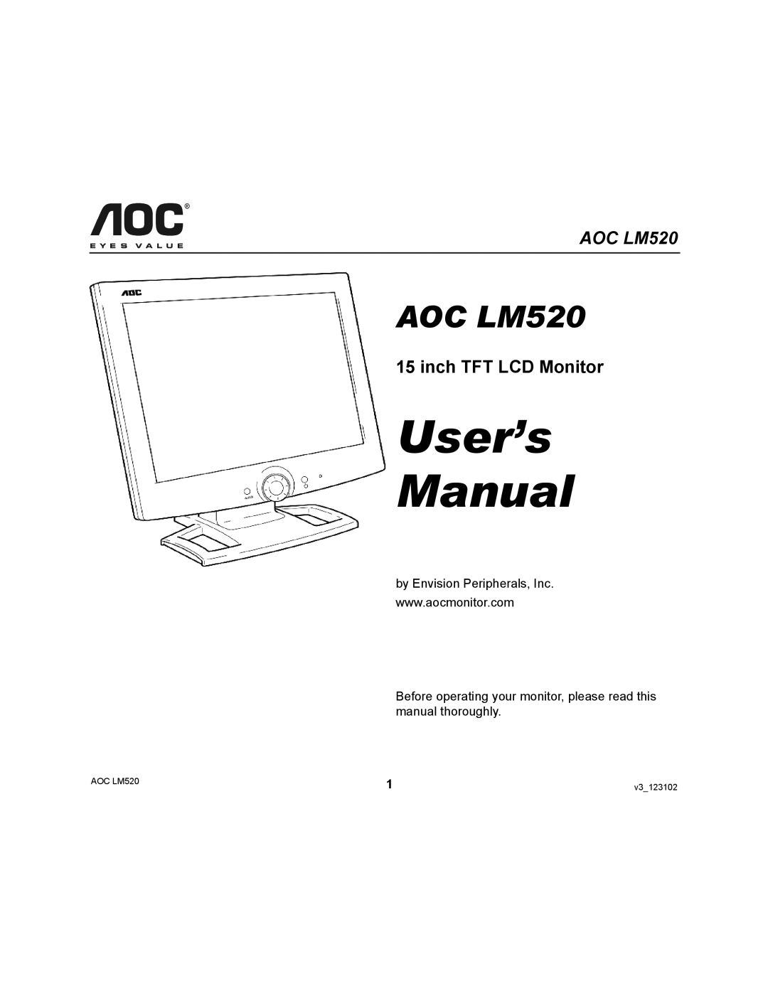 AOC LM520 user manual User’s Manual, Inch TFT LCD Monitor 