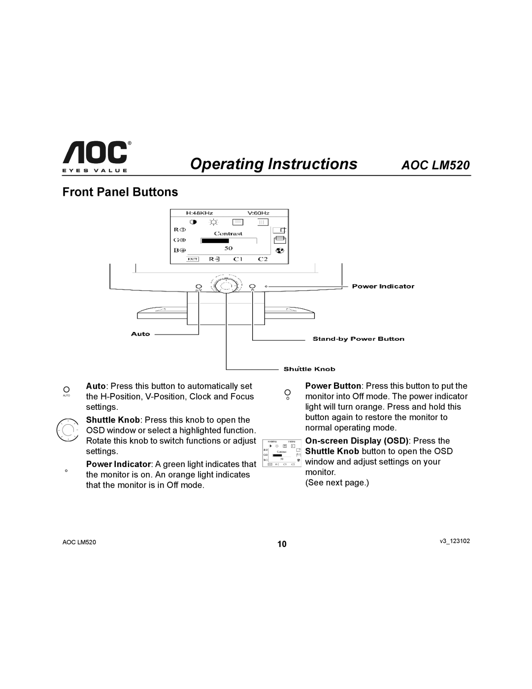 AOC LM520 user manual Operating Instructions, Front Panel Buttons 